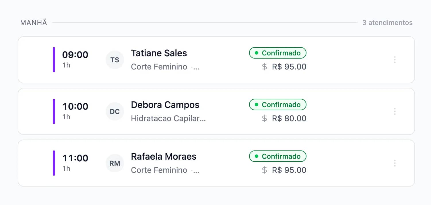 Lista de atendimentos do Schedula