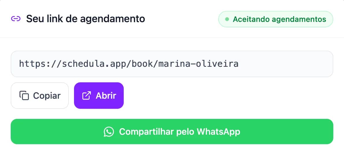 Link de agendamento do Schedula com botão para compartilhar pelo WhatsApp
