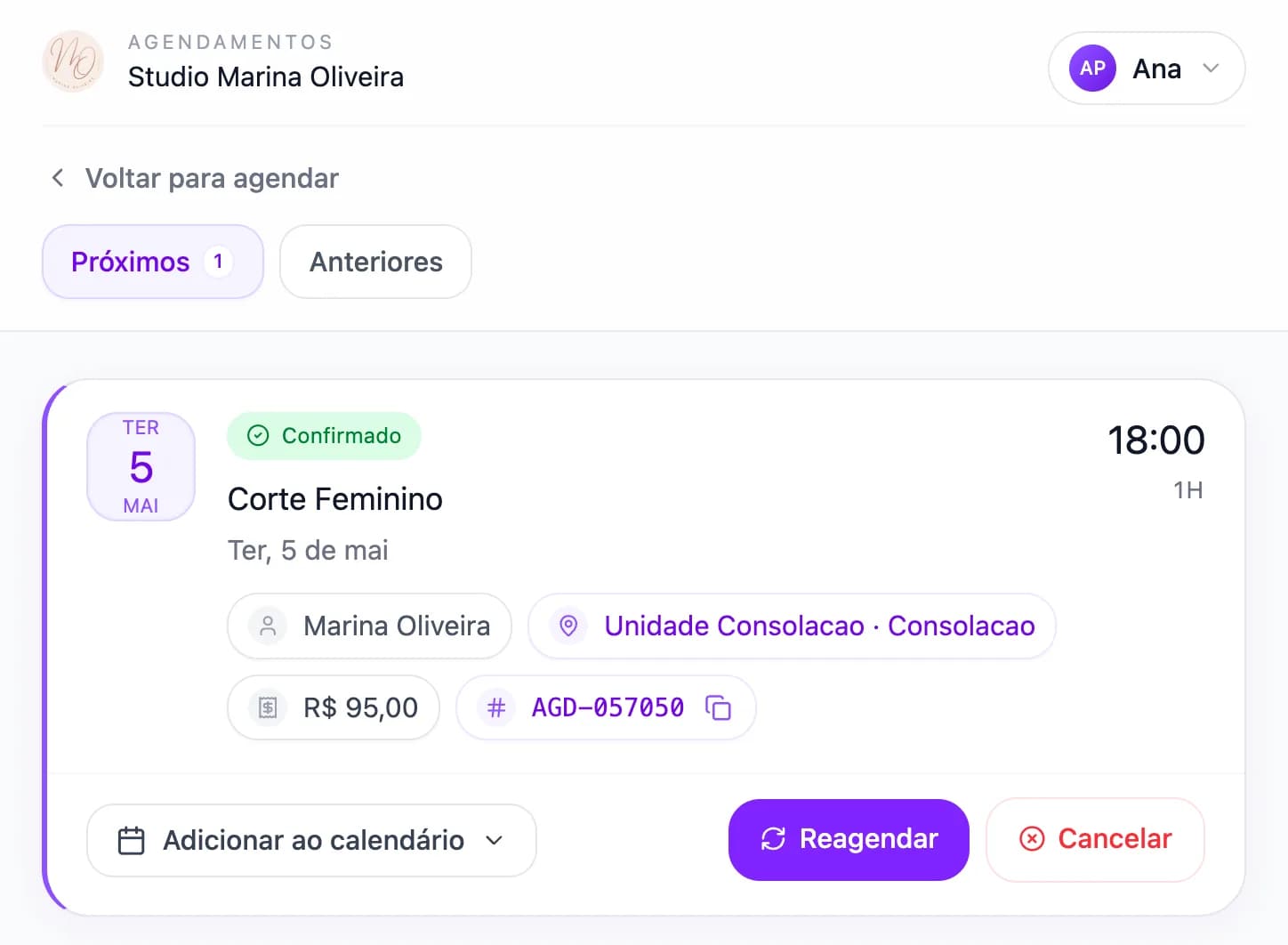 Agendamento confirmado com opções de remarcar e cancelar