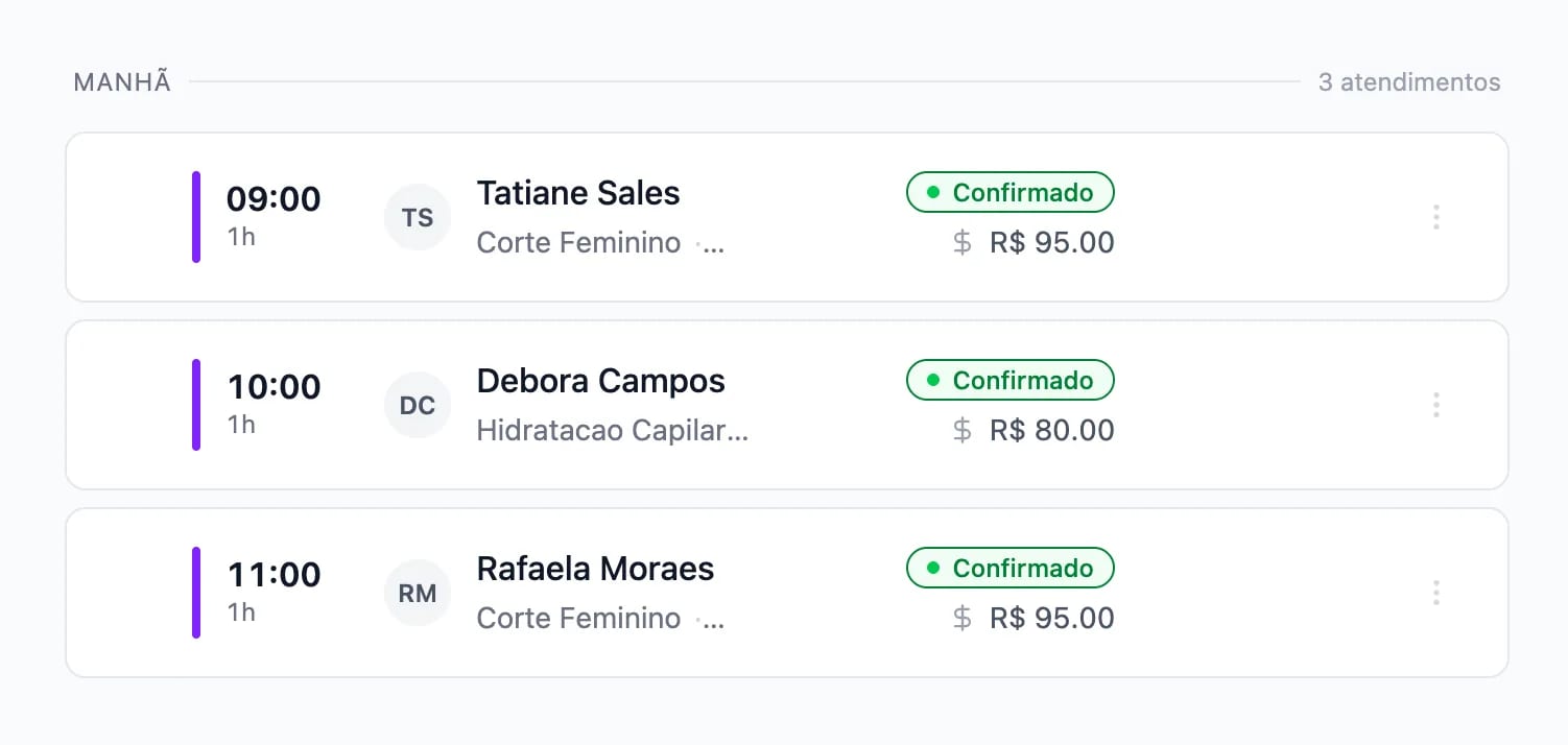 Lista de atendimentos do dia no Schedula