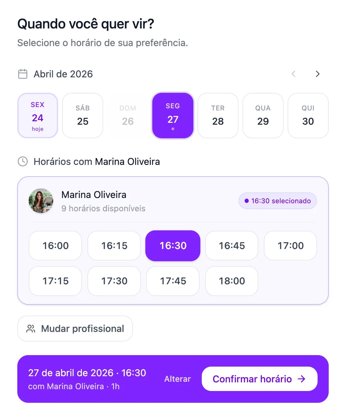Tela real do link de agendamento com datas e horários disponíveis